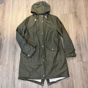 Women’s Levi’s Hooded Raincoat Parka Size L Green Waterproof Long Jacket